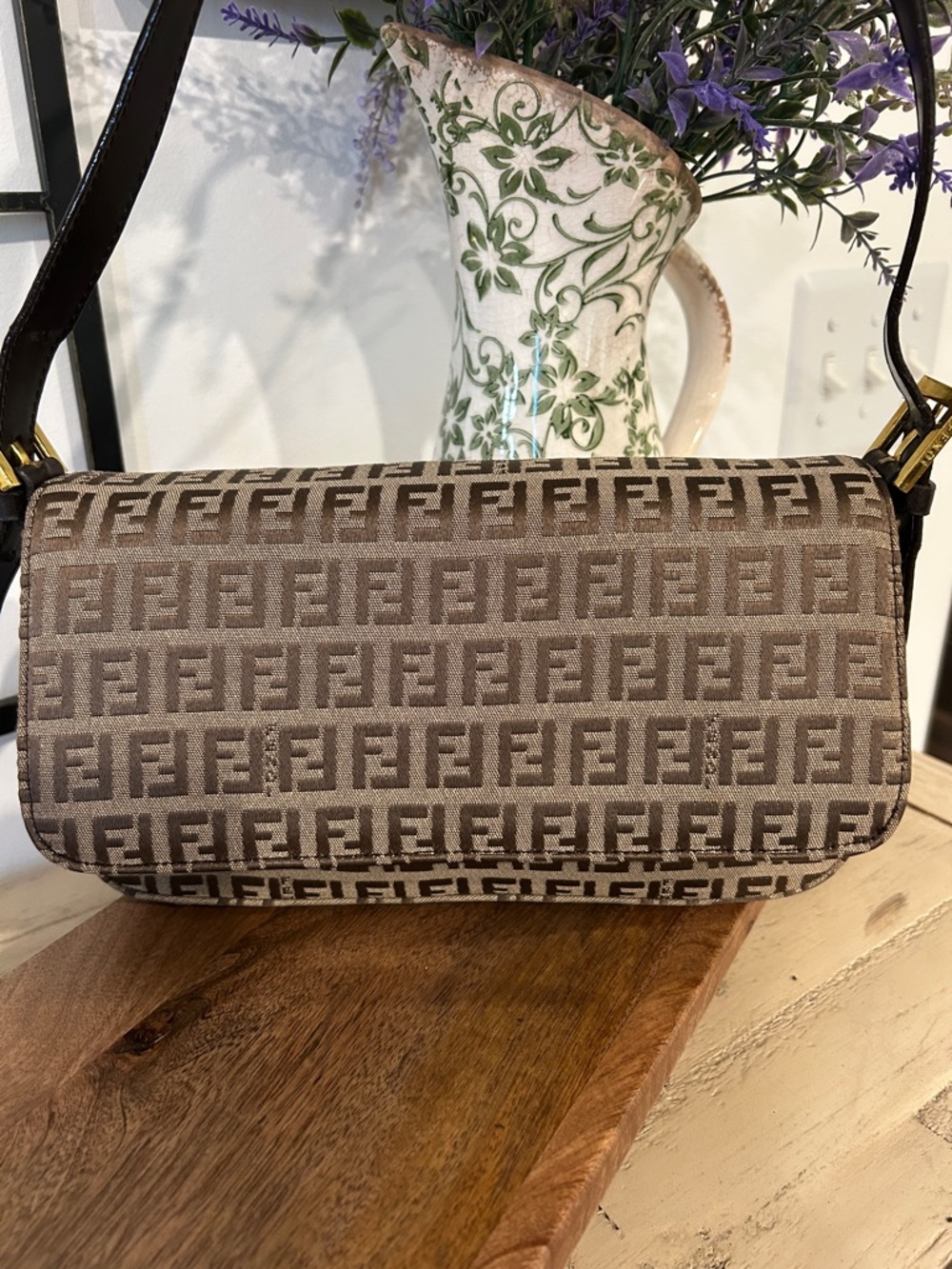 Fendi Brown FF Logo Jacquard Shoulder Bag with Black Strap - Picture 5 of 6